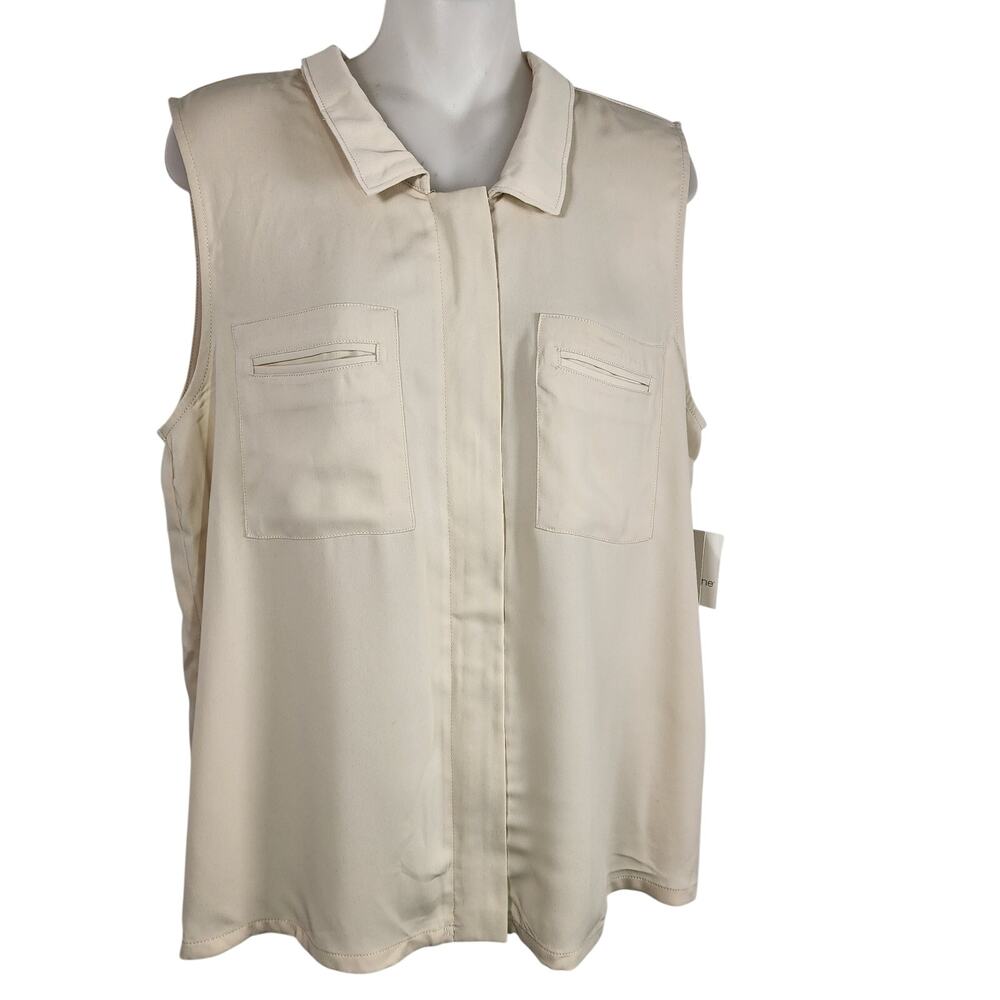 Liz Claiborne Women's Sleeveless Collared Top Beige Full Hidden Zipper Pockets L